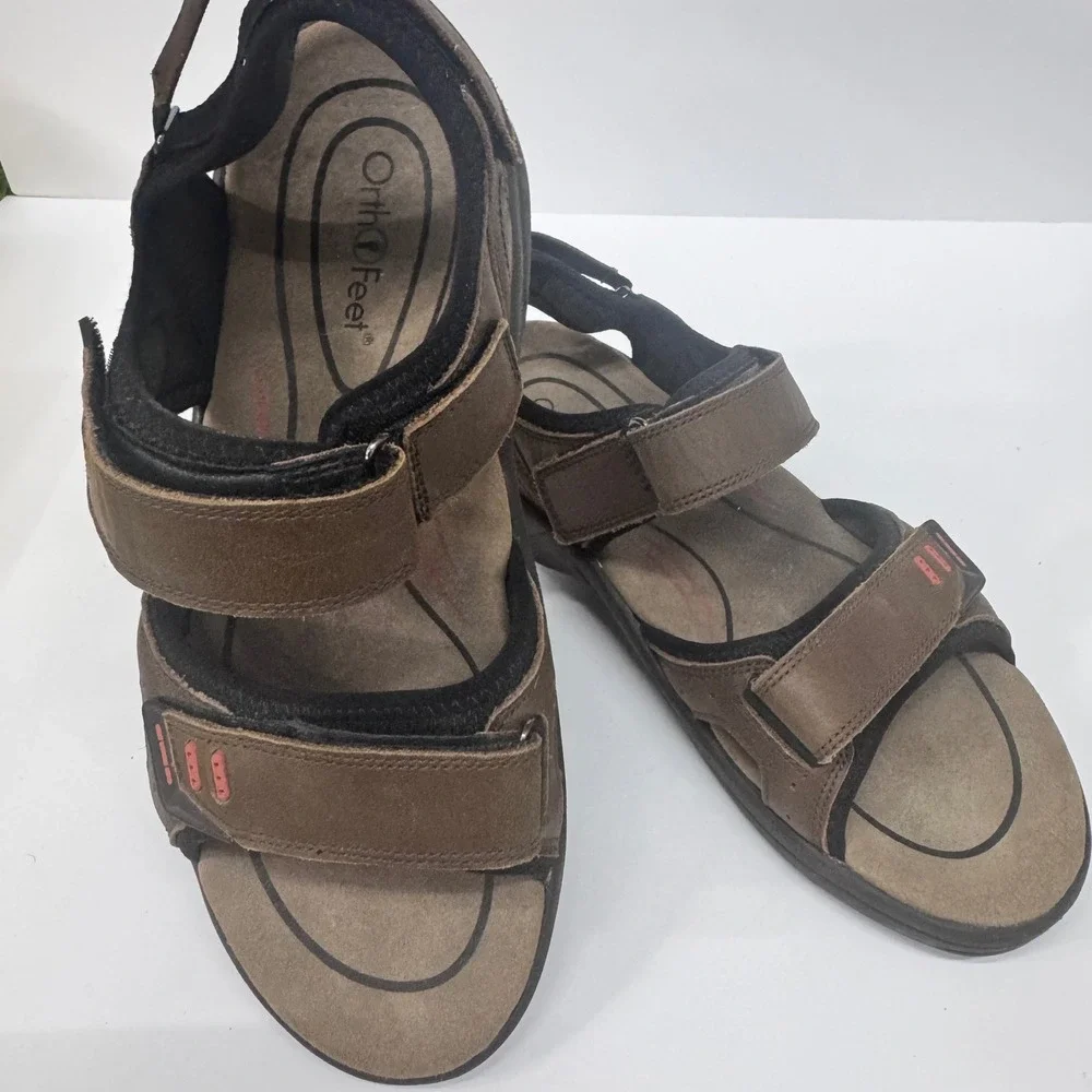 Orthofeet 562 Fisherman Sandals Mens 10 2E Wide Brown Leather Orthopedic